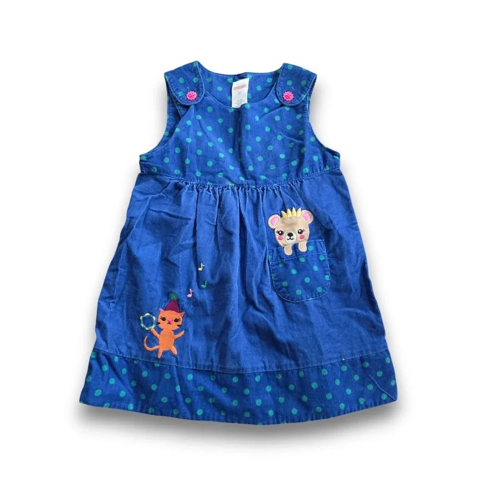 Gymbroee Corduroy Dress Embroidered Pocket Bear Cat Blue Polka Dot Girls 2T